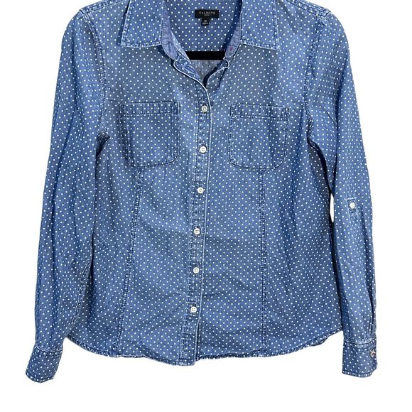 TALBOTS Women Blue Polka Dot 100% Cotton Denim Button-Up L/S Shirt Petites Sz 8P - Picture 3 of 10